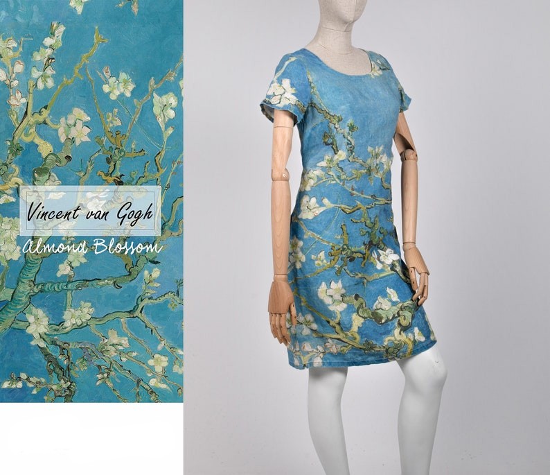 Šaty midi Vincent Van Gogh Mandlový květ tyrkysová / Almond Blossom