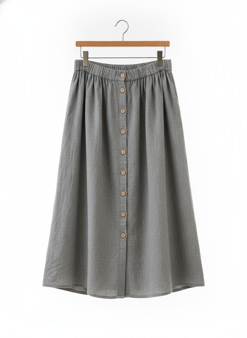 Gray Button-Front Midi Skirt