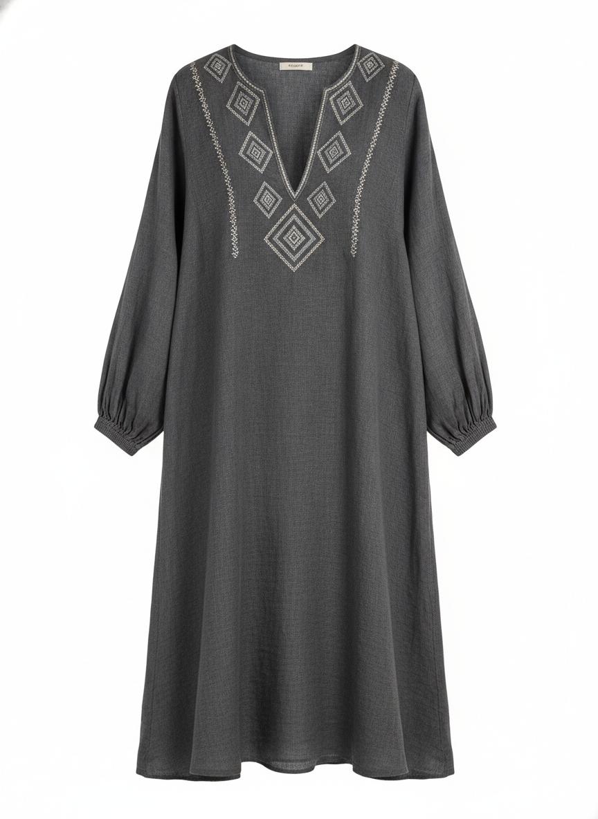 Gray Embroidered Tunic Dress