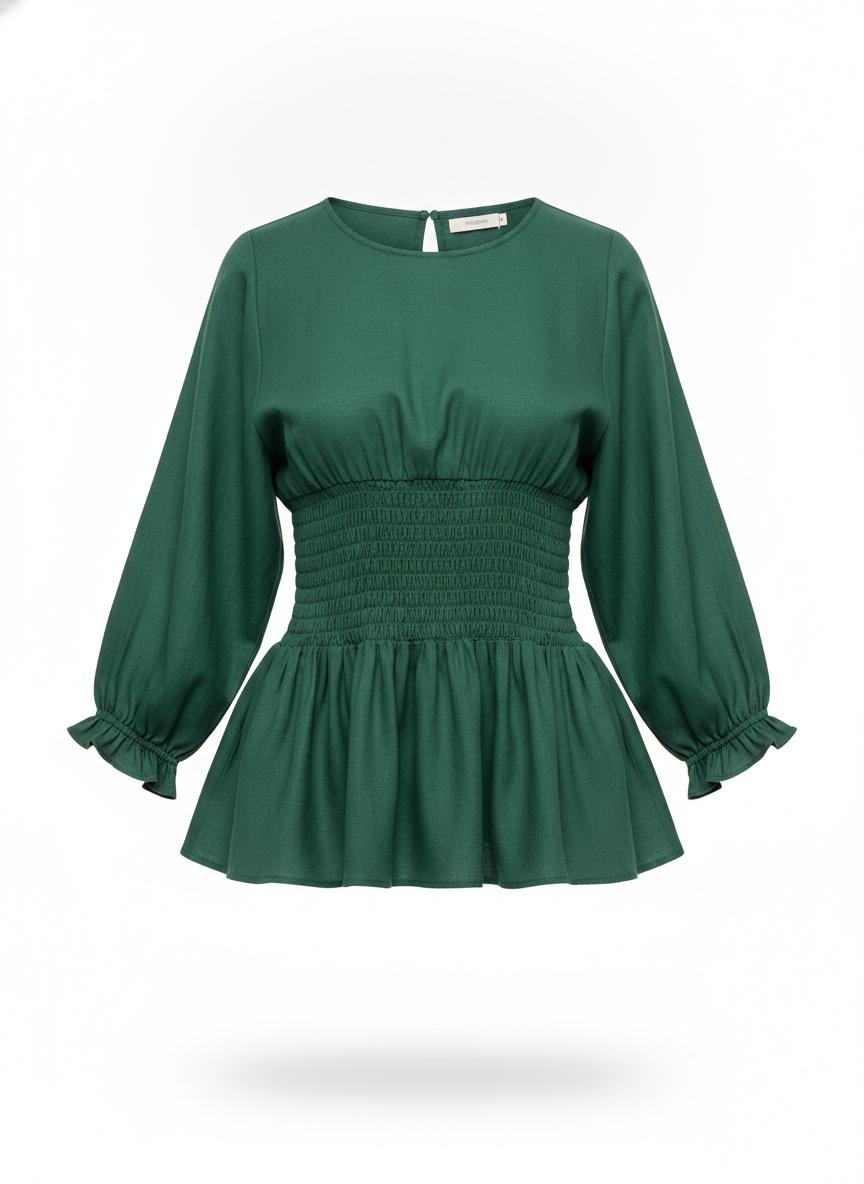 Green Smocked Peplum Blouse